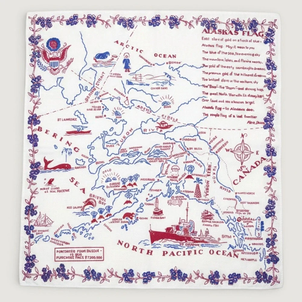 Vintage 1940s‎ 1950s Alaska Map Souvenir Table Cloth 37